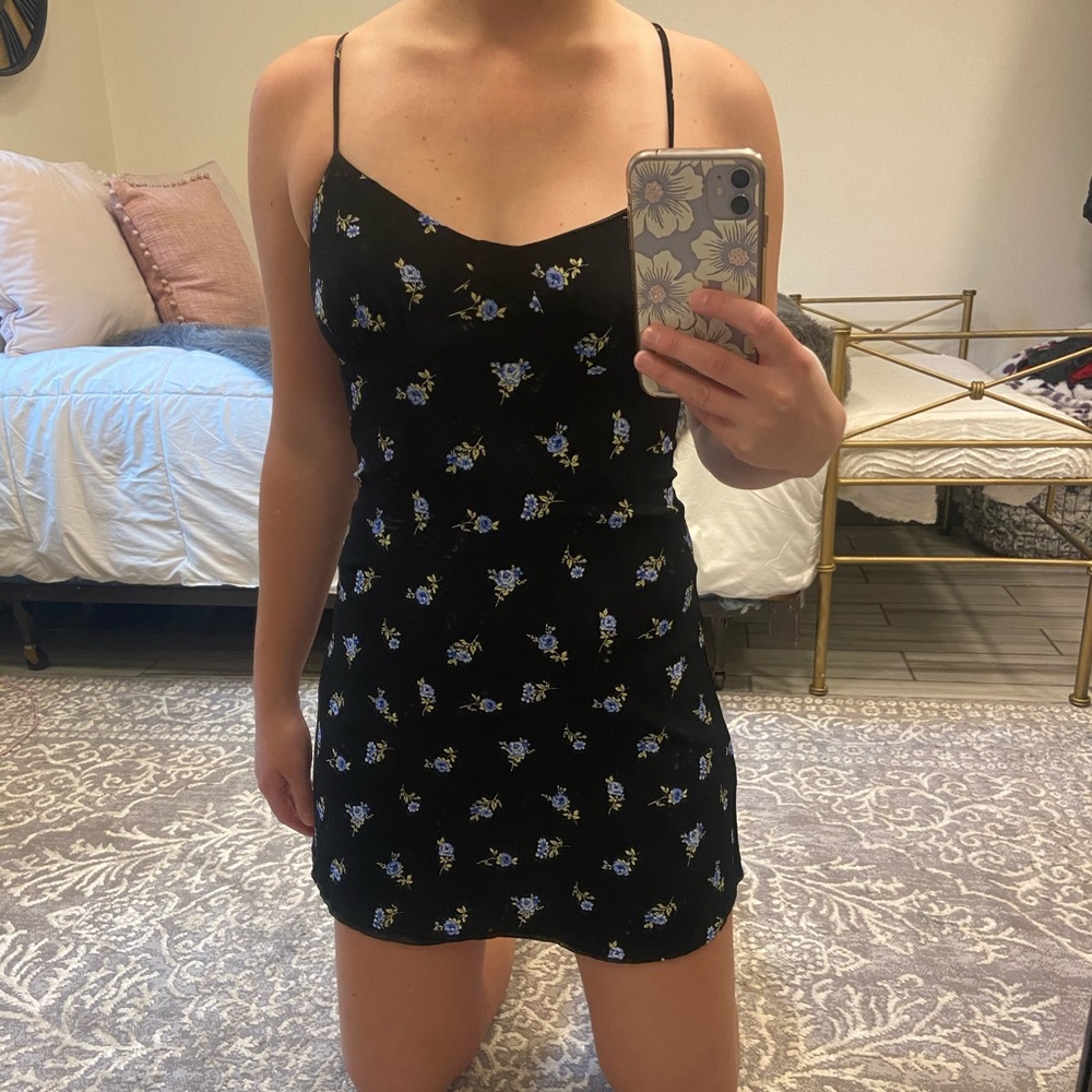 Black Mini Dress with Blue Flowers